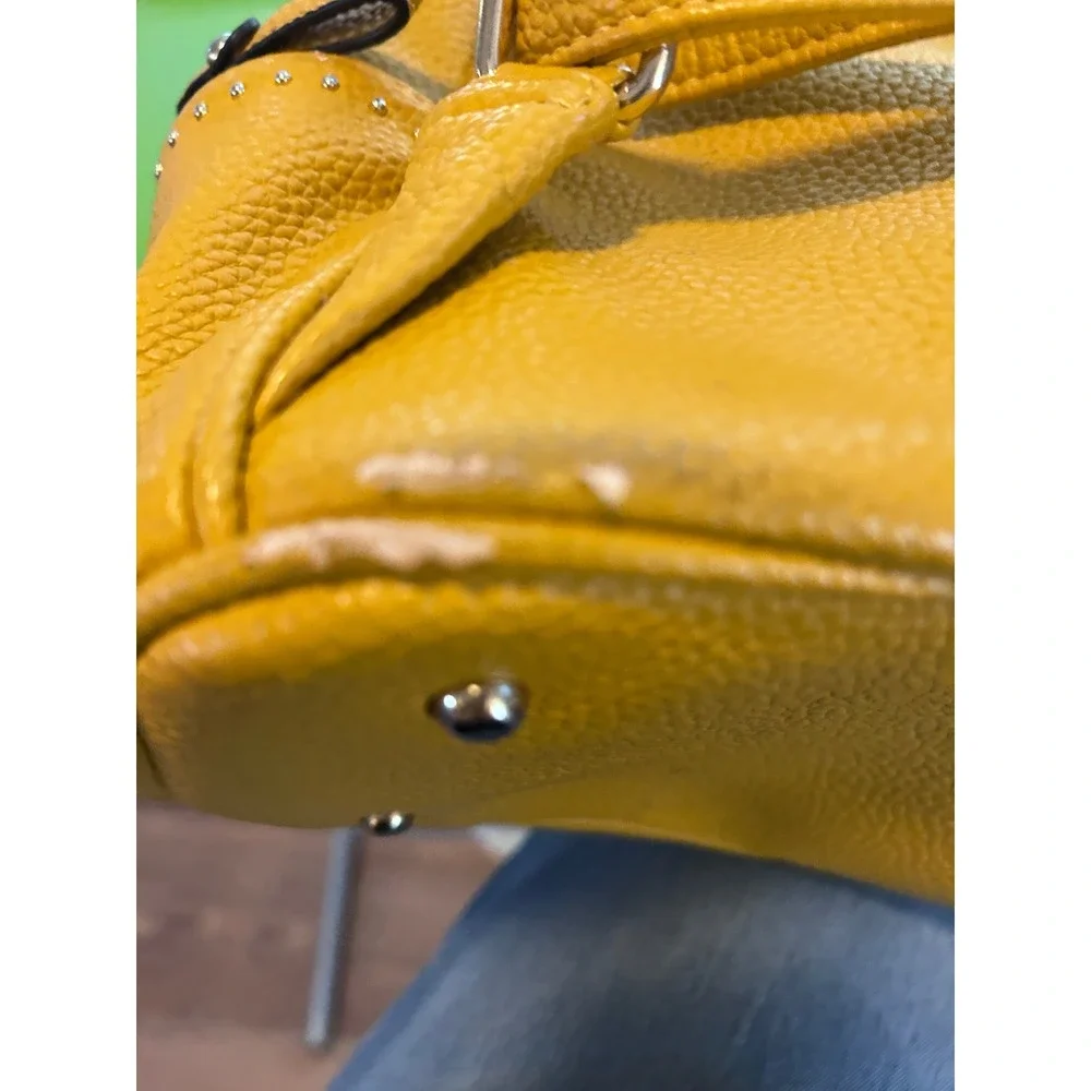 Yellow Faux Leather Studded Mini‎ Backpack Women two small worn places on bottom